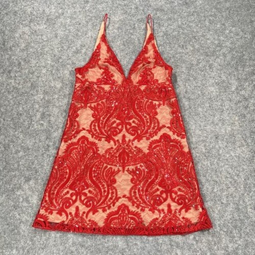 Free People Dress Womens M Nude Red Lace Sequin Slip Night Shimmers V Neck Mini